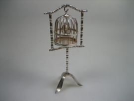 Miniatuur Zilveren Vogelkooi op Standaard met Vogel
