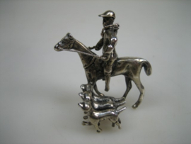 Zilveren Miniatuur Origineel Ruiter met paard Honden en Jachtgeweer ca 1974