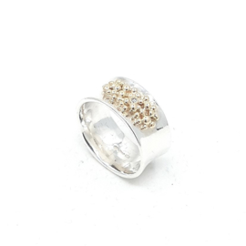 Zilveren ring met geelgouden ballen en diamant.