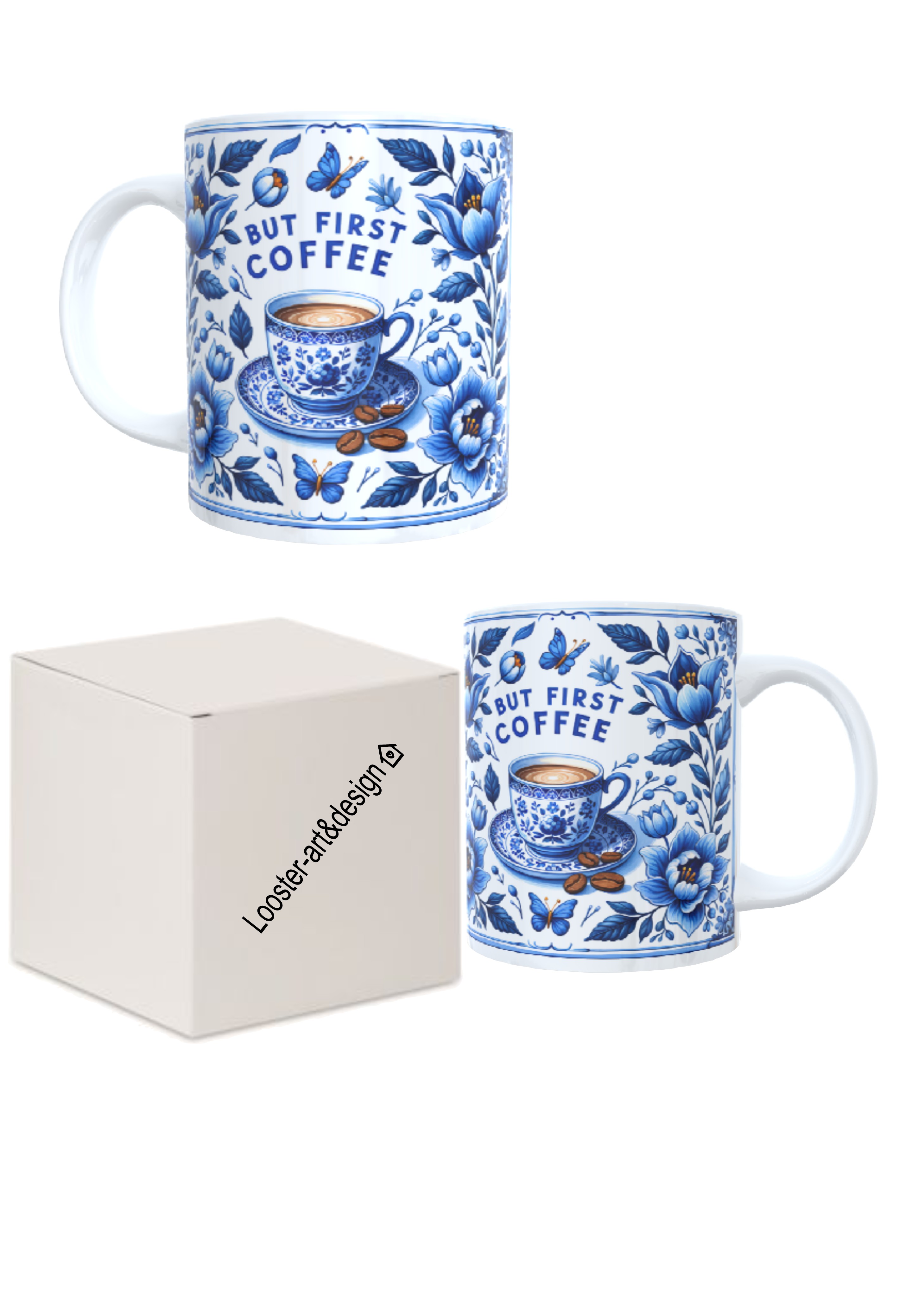 Bedrukte koffie beker - thee mok - tekst - quote - spreuk - But first coffee - blauw - bloemen