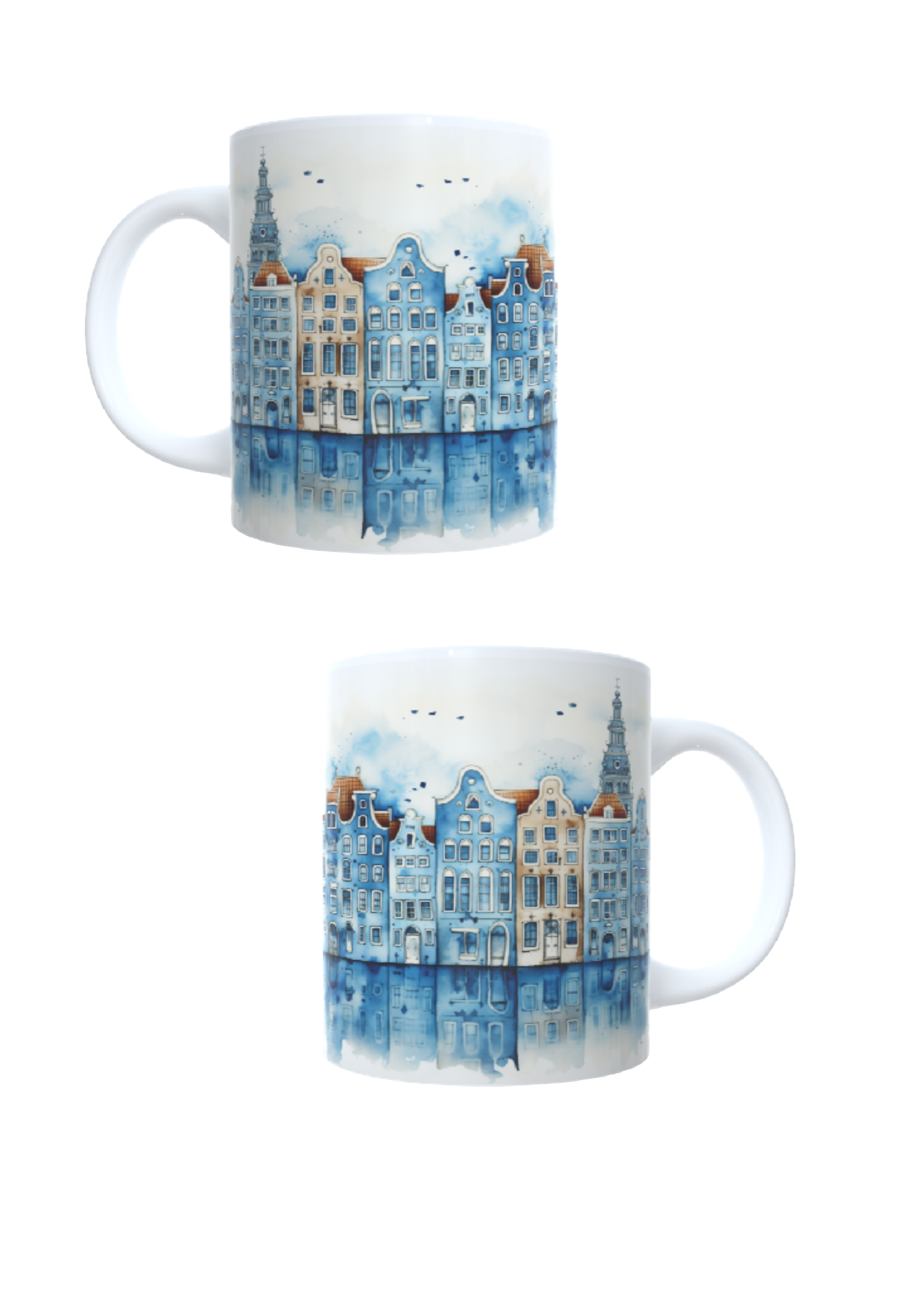 Bedrukte koffie beker - thee mok - blauwe amsterdamse huisjes - bleu houses