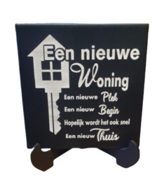 Keramiek spreuken tegel nieuwe woning  incl houten stander