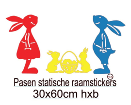 Raamsticker Paas Hazen met Paashaasjes en mand in vrolijke kleuren