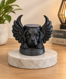 Zwarte hondenurn met engelenvleugels – 2-in-1 urn en waxinelichthouder