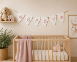 Gepersonaliseerde Vlaggetjesslinger "BABY"  begin en eind  een Ster,   rose / wit