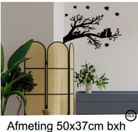 Raam muur sticker met 3 poezen op tak en vogels