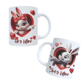 Bedrukte beker set - valentijn - liefde She`s Mine - He`s Mine afbeelding  haasjes
