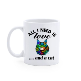 Bedrukte beker - mok ALL I NEED IS LOVE AND A CAT -  poezen liefhebbers Geschenk