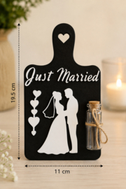 Just Married Geldcadeauhouder met Glazen Flesje , getrouwd  zwart/wit