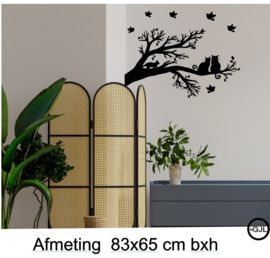 Raam muur sticker met 3 poezen op tak en vogels afmeting 83x65 cm bxh