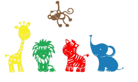 Muurasticker Grappige dieren - giraf - aap - olifant - tijger - zebrapaard