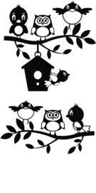 Raamsticker - muursticker vrolijke vogels op tak - uil - vogelhuisje - veranda