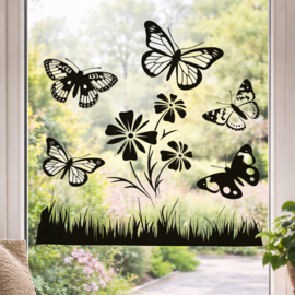 Muur - raam sticker vlinders met bloemen - decoratief - - wall art
