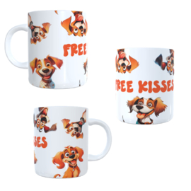 Bedrukte koffie beker - thee mok - tekst free kisses - dog - hond