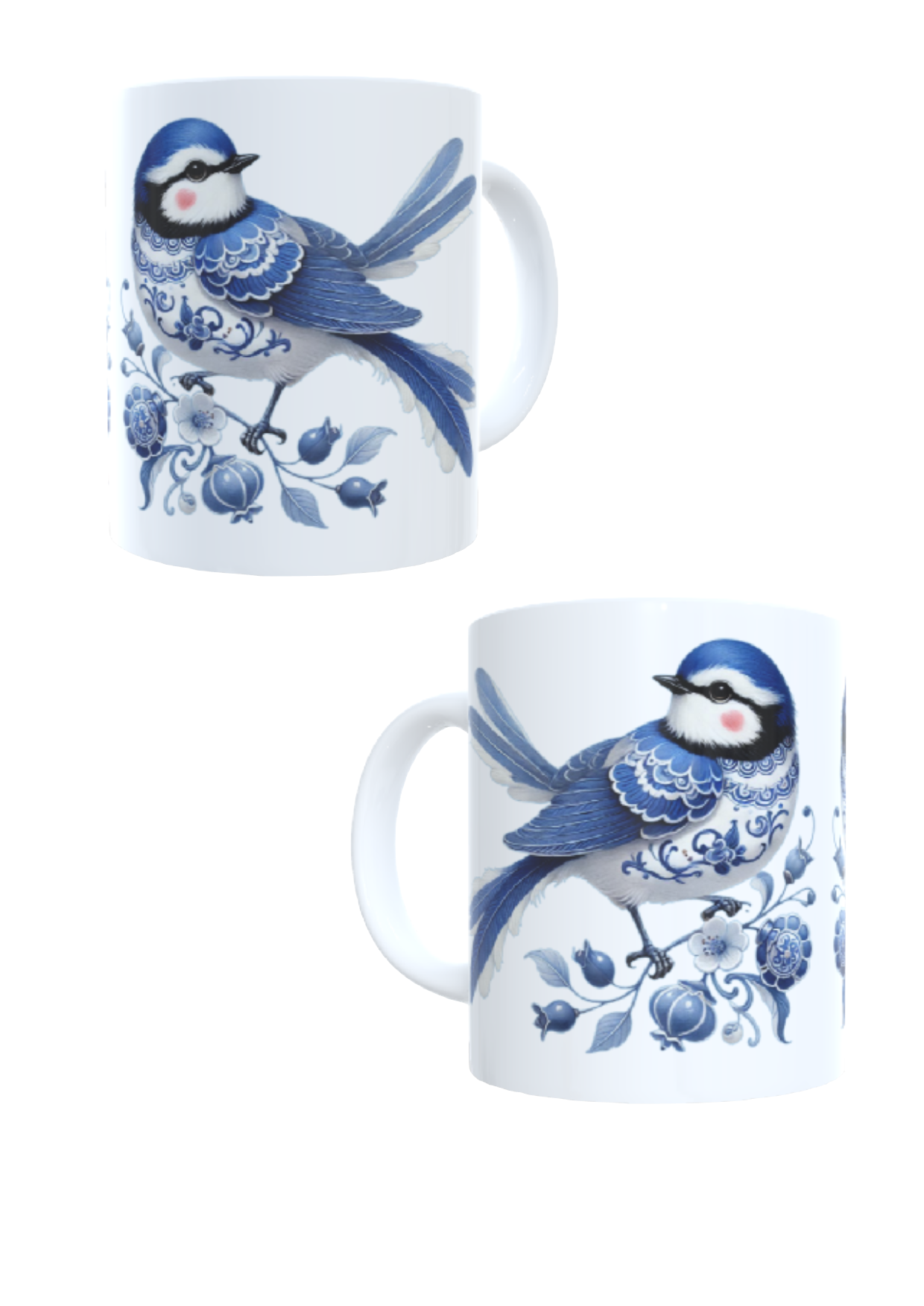 Bedrukte koffie beker - thee mok . opdruk blauw tint - afbeellding vogel op tak