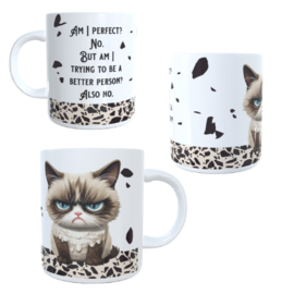 Koffie beker - thee mok - tekst - Am I perfect - afbeelding poes - cat
