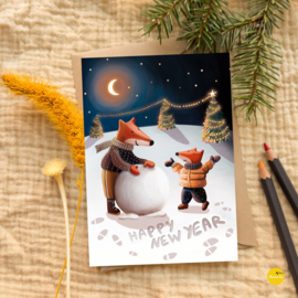 Wenskaart Happy New Year vosjes