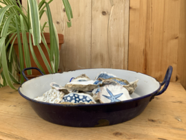 Blauw wit geëmailleerde platte pan.