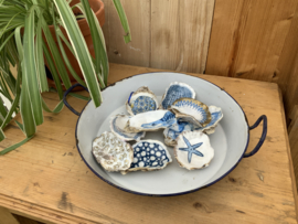 Blauw wit geëmailleerde platte pan.
