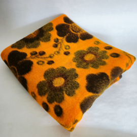 Jaren 70 oranje met bruine deken | Vintage deken met bloemen | Ibena relax Dolan