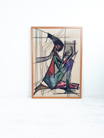 Vintage geborduurd kunstwerk vrouw met harp, jaren 60 handgemaakt schilderij