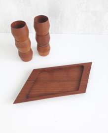 Vintage teakhouten eierdopjes, set eierdoppen, houten eierdop