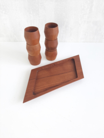 Vintage teakhouten eierdopjes, set eierdoppen, houten eierdop