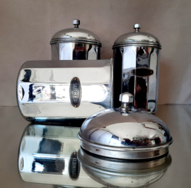 Set van 3 Art Deco Voorraadpotten, chroom, voorraadpotten met label
