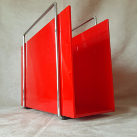 Jaren 60 rode lectuurbak, plexiglas lectuurmand