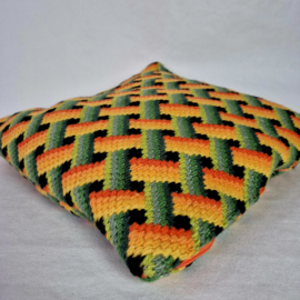 Origineel jaren 70 kussen | Geborduurd kussen met geometrisch patroon