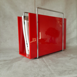 Jaren 60 rode lectuurbak, plexiglas lectuurmand