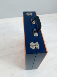 Jaren 70 oranje/blauwe LP koffer met foldersysteem