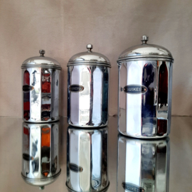 Set van 3 Art Deco Voorraadpotten, chroom, voorraadpotten met label
