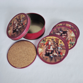 Vintage kerst onderzetters in blik - 6 stuks met Santa Claus print