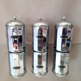 Set van 3 Art Deco Voorraadpotten, chroom, voorraadpotten met label