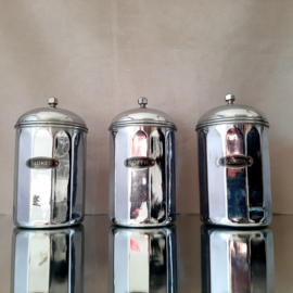 Set van 3 Art Deco Voorraadpotten, chroom, voorraadpotten met label