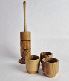 Vintage olijfhouten stapelbare eierdopjes set