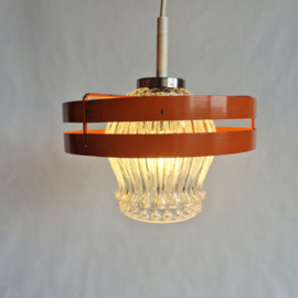 Vintage hanglamp jaren 70 oranje metaal en bewerkt glas