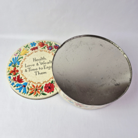 Vintage koekblik "Health, Love & Wealth & Time to Enjoy Them"
