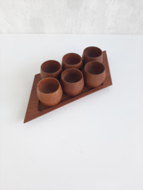 Vintage teakhouten eierdopjes, set eierdoppen, houten eierdop