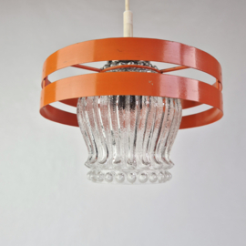 Vintage hanglamp jaren 70 oranje metaal en bewerkt glas