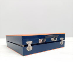 Jaren 70 oranje/blauwe LP koffer met foldersysteem