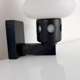 Vintage jaren 70 wandlampje | Houten lamp met glazen kapje