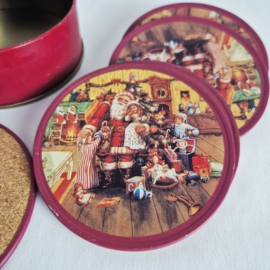Vintage kerst onderzetters in blik - 6 stuks met Santa Claus print