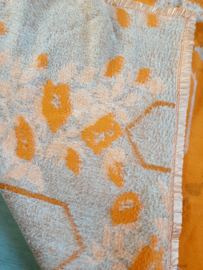 Vintage jaren 70 deken, wollen deken, oranje/beige, Bloem decor