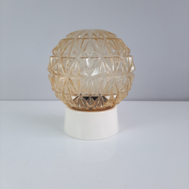 Vintage gele plafondlamp met geometrisch patroon | Jaren 60 plafondlamp met bakelieten houder