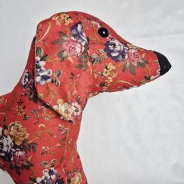 Vintage stoffen hond | Knuffel rood met bloemenprint