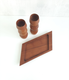 Vintage teakhouten eierdopjes, set eierdoppen, houten eierdop