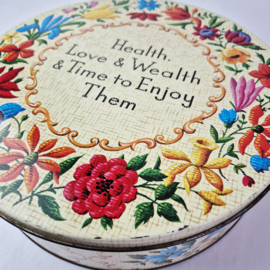 Vintage koekblik "Health, Love & Wealth & Time to Enjoy Them"