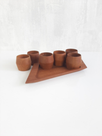 Vintage teakhouten eierdopjes, set eierdoppen, houten eierdop